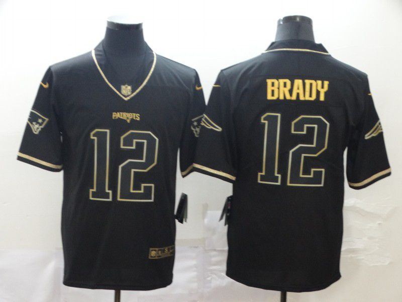 Men New England Patriots #12 Brady Black Retro gold character Nike NFL Jerseys